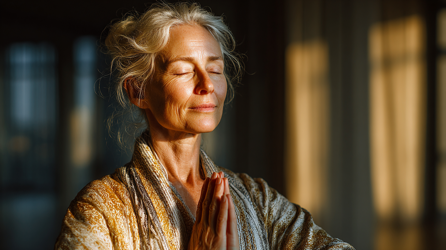 Grup de seniori practicând yoga într-un studio liniștit