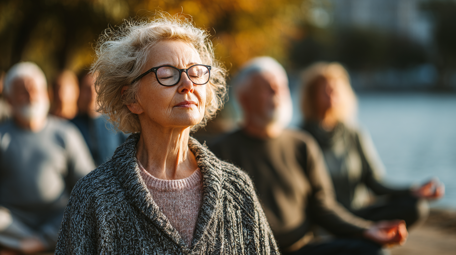 Senior practicând exerciții de respirație într-un mediu natural și liniștit